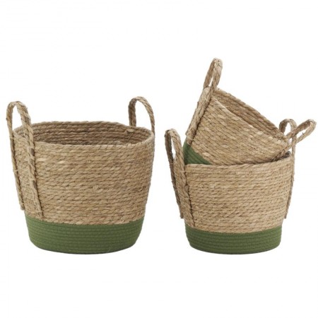 Set mit 3 Pflanzgefäßen aus grün gefärbtem Binsenholz und Baumwolle Set mit 3 Pflanzgefäßen aus grün gefärbtem Binsenholz und Baumwolle