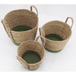 Lot de 3 cache-pots en jonc et coton teinté vert