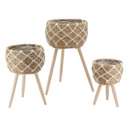 Set of 3 rush and rope planters on plastic-lined wooden legs