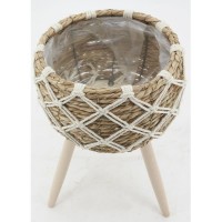 Lot de 3 cache-pots en jonc et corde sur pieds en bois doublés plastique