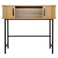 Efeito de madeira do console médio e pés pretos do metal: armário de entrada de design de 2 portas com armazenamento