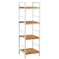 Étagère salle de bain en métal blanc et bambou 4 tablettes