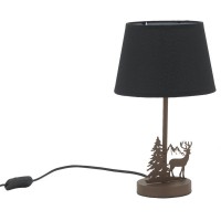 Lampe en métal avec abat-jour en coton noir décor cerf et montagne