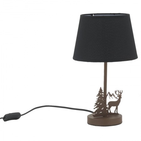 Metallampe med sort bomuldslampeskærm hjorte og bjergdekor