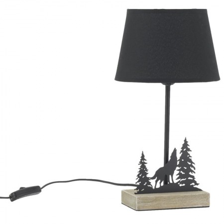 Lampe en métal et bois abat-jour noir décor sapins et loup