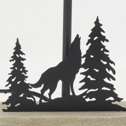 Metal and wood lamp with black lampshade, fir trees and wolf decor