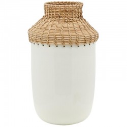 Vase in white lacquered metal and rattan