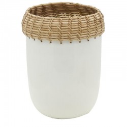 Vase en métal teinté blanc et rotin