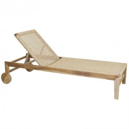 Chaise longue en bois teck et rotin synthétique à roulettes