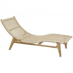 Long chair in teak wood, seat and backrest in synthetic rattan