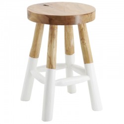 Round stool made of natural teak wood and shaded white