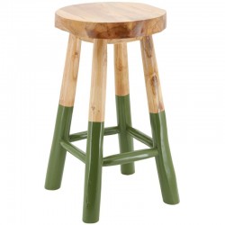 Round bar stool made of natural teak wood and shaded khaki green