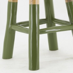 Round bar stool made of natural teak wood and shaded khaki green