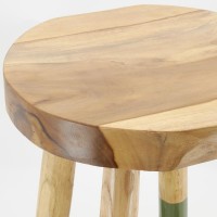 Round bar stool made of natural teak wood and shaded khaki green