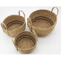 Série de 3 cache-pots en jonc, avec anses en jonc