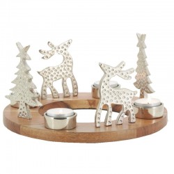 Decoratie tafelcentrum Kerstmis / advent kroon houten kaarsen deco herten en aluminium firs