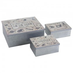 Serie di 3 scatole di metallo zincato, modello di cucito