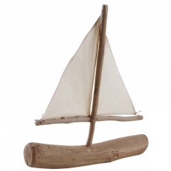 Driftwood boat decoration with cotton sails 50 cm