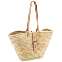Palm cabins with strap and leather straps - cabas beach bag natural straw