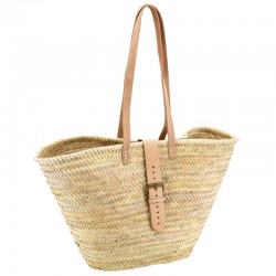 Cabas en palmier avec sangle et bandoulières en cuir - sac de plage cabas panier en paille naturel