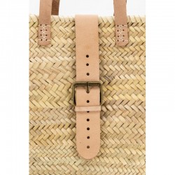 Palmboomtas met leren band en schouderbanden - strandtas met mand van natuurlijk stro