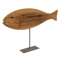 Natural paulownia wood fish on foot in aged metal effect, statuette marine decoration by the sea