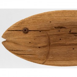 Pescado de madera de paulownia natural a pie en efecto metálico envejecido, estatuilla decoración marina junto al mar
