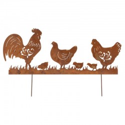 Haugdekorasjon for å planta, Rook, høner og kyllingar av metall med rust