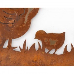 Décoration de jardin à planter, Coq, poules et poussins en métal effet rouillé