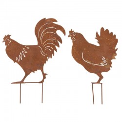 Poule et coq en métal effet rouillé lot de 2, Décoration de jardin à planter