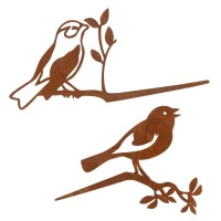 2 fåglar i rostfritt metall, trädgårdsdekoration i metall