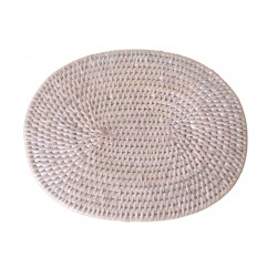 Small tray, empty basket pocket, oval decoration in white patinated rattan with 2 handles