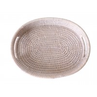 Liten bricka, tom fickkorg, oval dekoration i vit patinerad rotting med 2 handtag