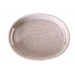 Liten bricka, tom fickkorg, oval dekoration i vit patinerad rotting med 2 handtag