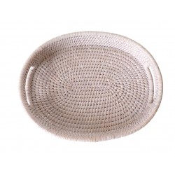 Small tray, empty basket pocket, oval decoration in white patinated rattan with 2 handles