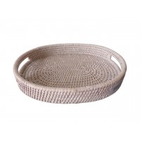 Bandeja pequena, bolso de cesta vazia, decoração oval em rattan branco patinado com 2 alças