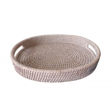 Small tray, empty basket pocket, oval decoration in white patinated rattan with 2 handles