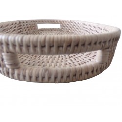 Small tray, empty basket pocket, oval decoration in white patinated rattan with 2 handles