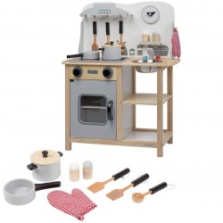 Cozinha de criança de madeira completa com forno, pia e acessórios, brinquedo de madeira