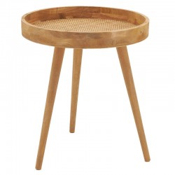 Table basse ronde d'appoint en bois naturel et rotin