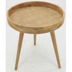 Table basse ronde d'appoint en bois naturel et rotin