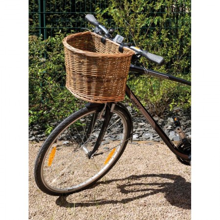 Raw and buff wicker bike basket with straps