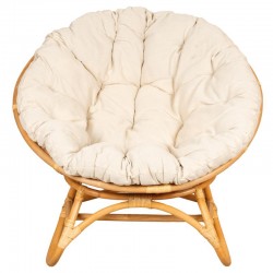 Papasan Round Natural Rattan Armchair with Fluffy Cushion - Comfortable Seat and Boho Chic Deco
