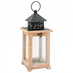 Wood and metal lantern with fireplace and handle