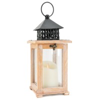 Wood and metal lantern with fireplace and handle