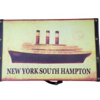 Alter Vintage-Holzkoffer 1940 „New York South Hampton“, alter Dekokoffer, Dampfschiff-Dekor