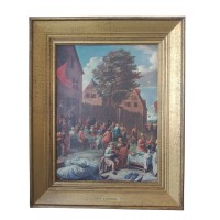 Oil painting on panel living scene festive 18th century characters signed Gillis Van Tilborgh