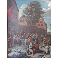 Pintura a óleo no painel cena viva personagens festivos do século XVIII assinado Gillis Van Tilborgh