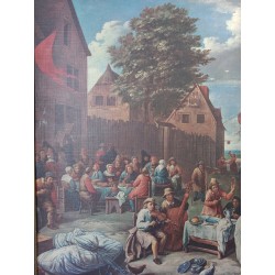 Pintura a óleo no painel cena viva personagens festivos do século XVIII assinado Gillis Van Tilborgh