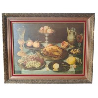 Rare tableau ancien peinture à l'huile sur panneau Peter BINOIT Mets, fruits et verre sur une table / Nature morte